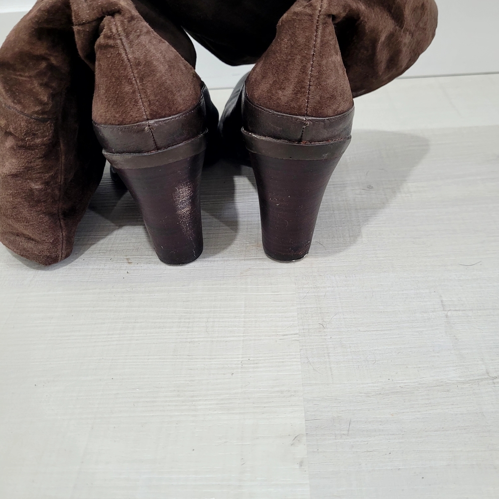 Women's Brown Suede & Leather Wood Heeled Boots - Picture 6 of 10